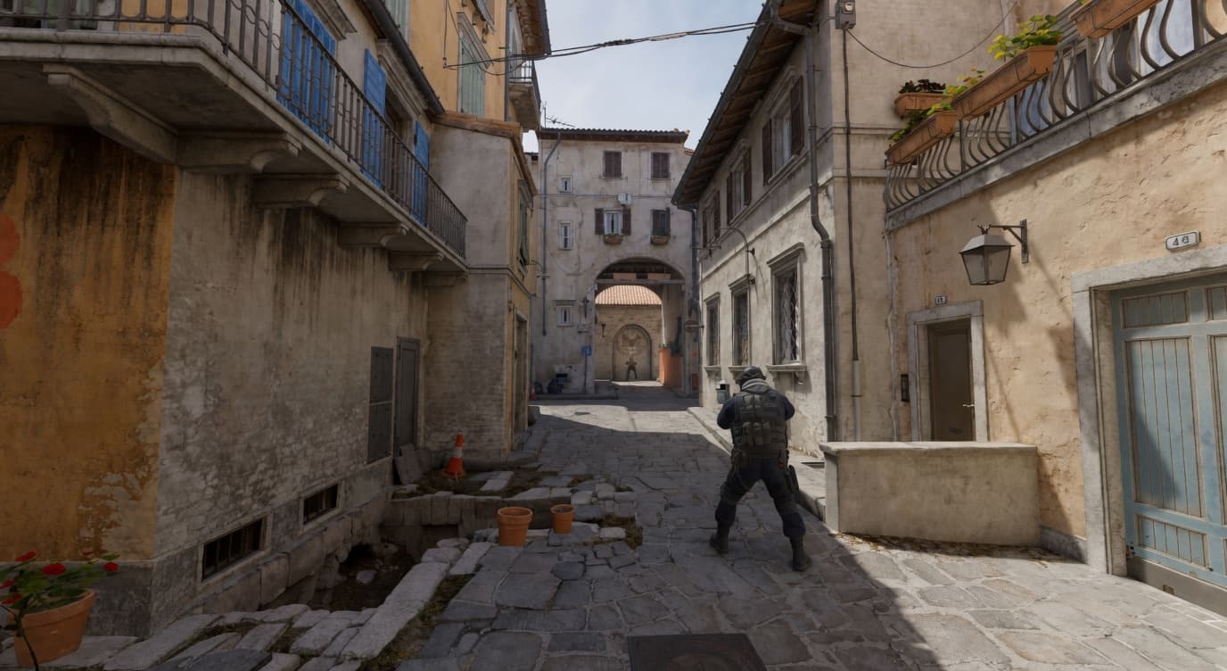 Inferno replay frame showing the player taking an opening duel alone, with no teammate beside them
